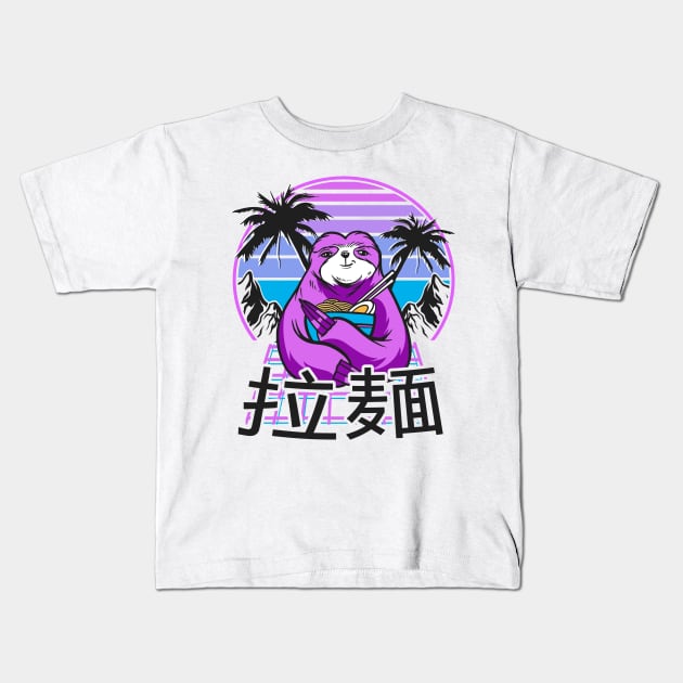 Ramen Sloth 90s Retrowave Sunset 80s Aesthetic Kids T-Shirt by Kuehni